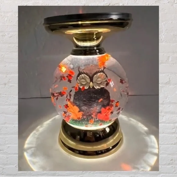 BBW Owl Globe Candle Stand Holder Snow-globe Fall Leaves Gold Lights Up Night - Picture 2 of 5